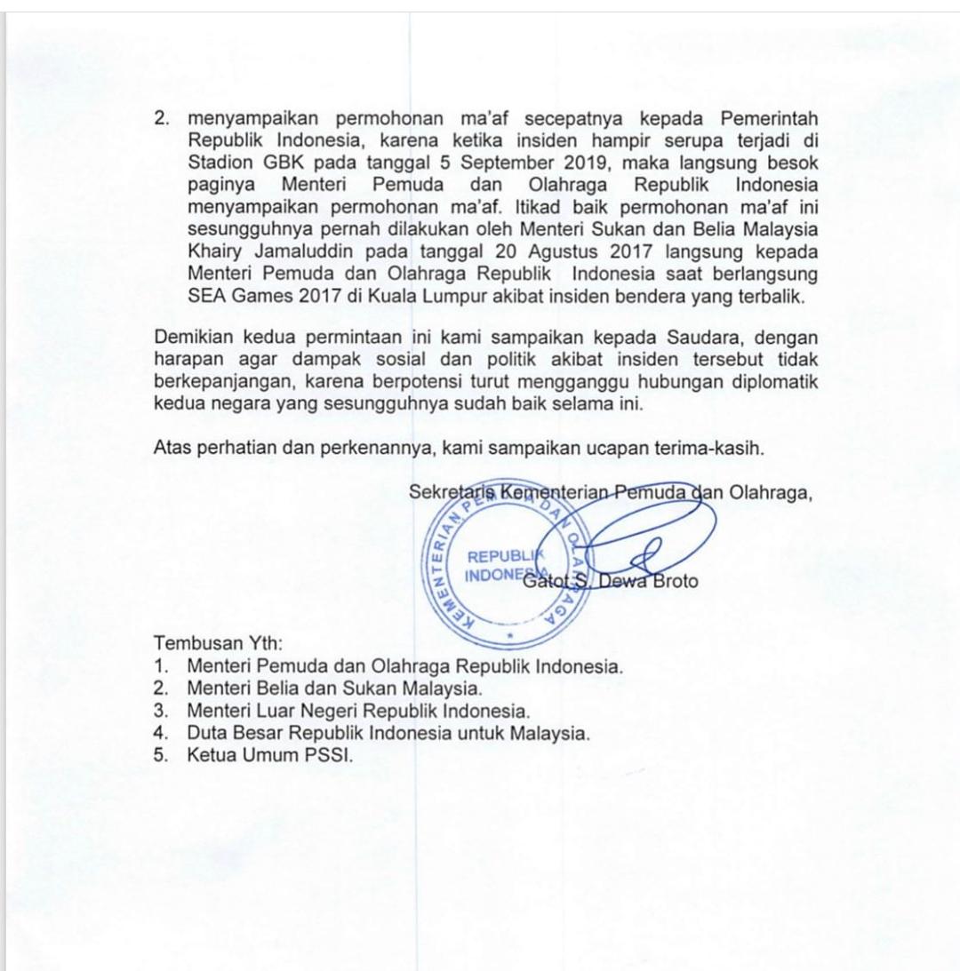 Selamat siang sobatpora, selamat berakhir pekan! Sob, kemarin (22/11) Kementerian Pemuda dan Olahraga telah melayangkan Nota Protes kepada Kementerian Belia dan Sukan Malaysia. Dalam surat tersebut Kemenpora menyampaikan beberapa poin, yaitu :