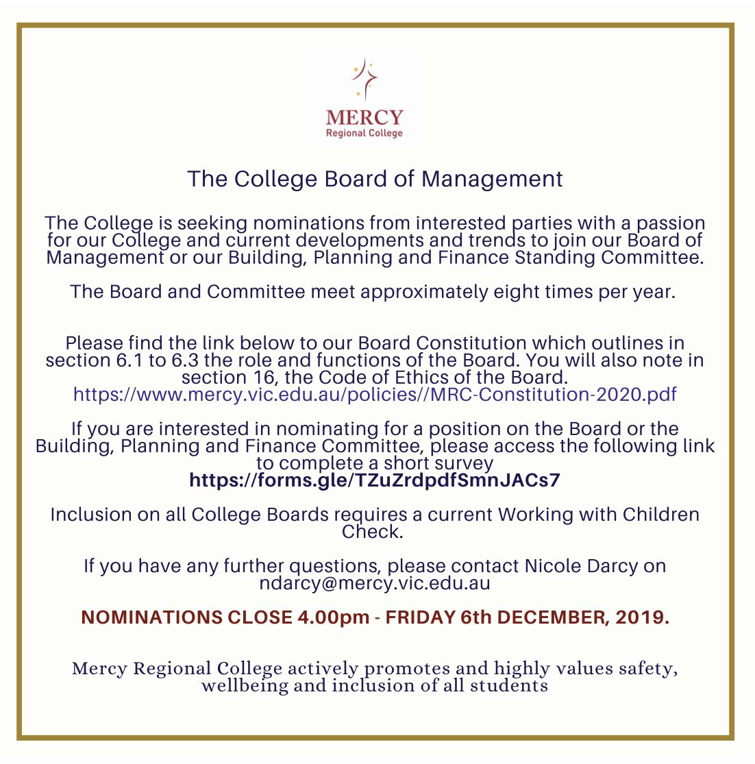 The College is seeking nominations from interested parties to join our Board of Management and our Building, Planning and Finance Committee.