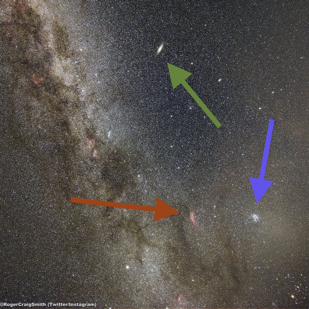 RogerCraigSmith's tweet image. Stack of 15 1-min #MilkyWay exposures, 14mm lens, modded #6DmkII on @SkyWatcherUSA #Star Adventurer tracker, from #GardenValley, #Idaho.
We...are...tiny. 
We...are...here.😊
#Astrophotography #photography
➡️:
Red - #CaliforniaNebula
Green - #Andromeda #galaxy
Blue - #Pleiades