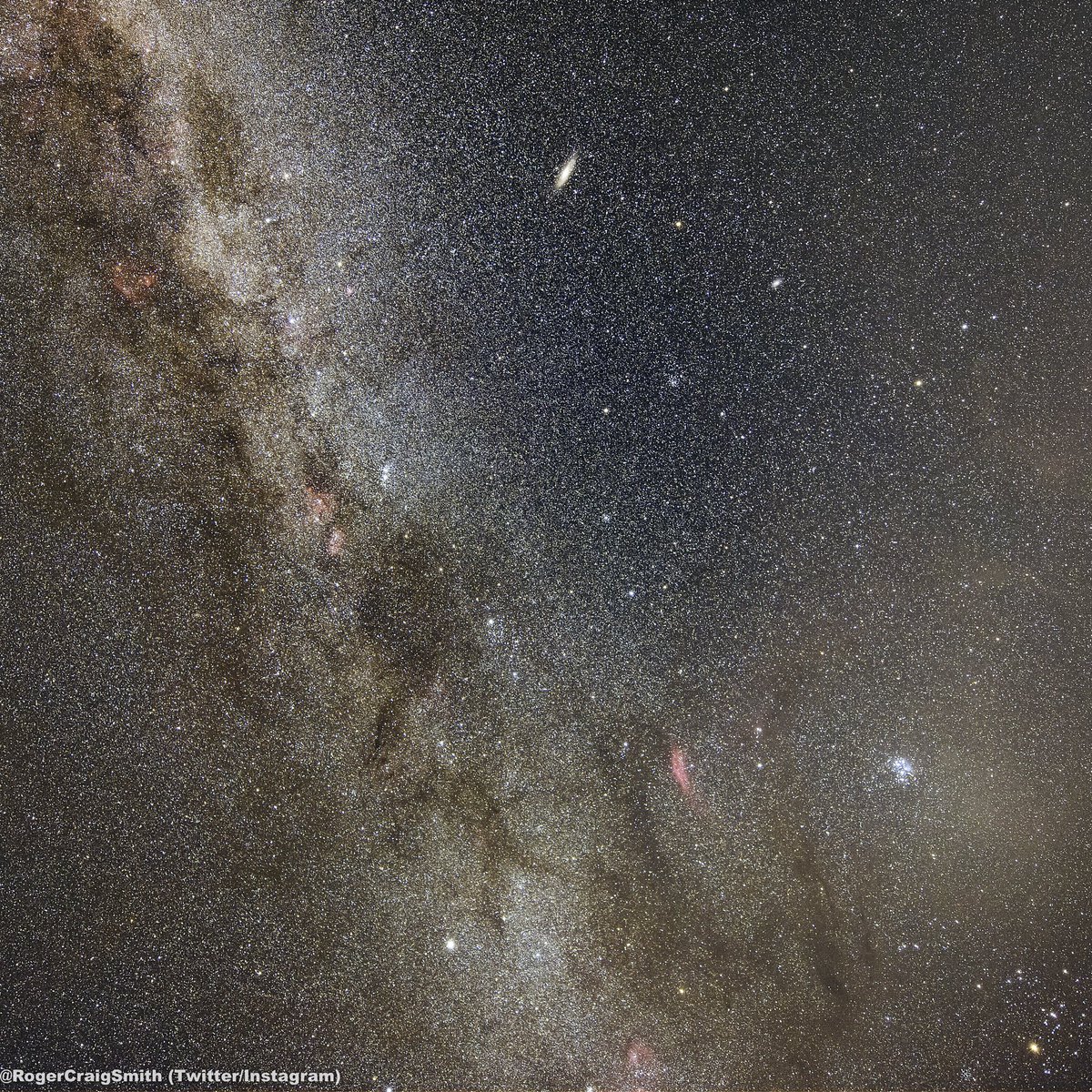 RogerCraigSmith's tweet image. Stack of 15 1-min #MilkyWay exposures, 14mm lens, modded #6DmkII on @SkyWatcherUSA #Star Adventurer tracker, from #GardenValley, #Idaho.
We...are...tiny. 
We...are...here.😊
#Astrophotography #photography
➡️:
Red - #CaliforniaNebula
Green - #Andromeda #galaxy
Blue - #Pleiades