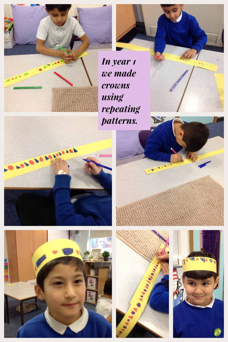 BoothroydAcad's tweet image. Year one designed their own repeated patterns and then created their own crown to wear around school. #maths #repeatedpatterns #basicskills #creativity #yearone #childdevelopment #contextuallearning #practicalmaths #ks1 #learning
