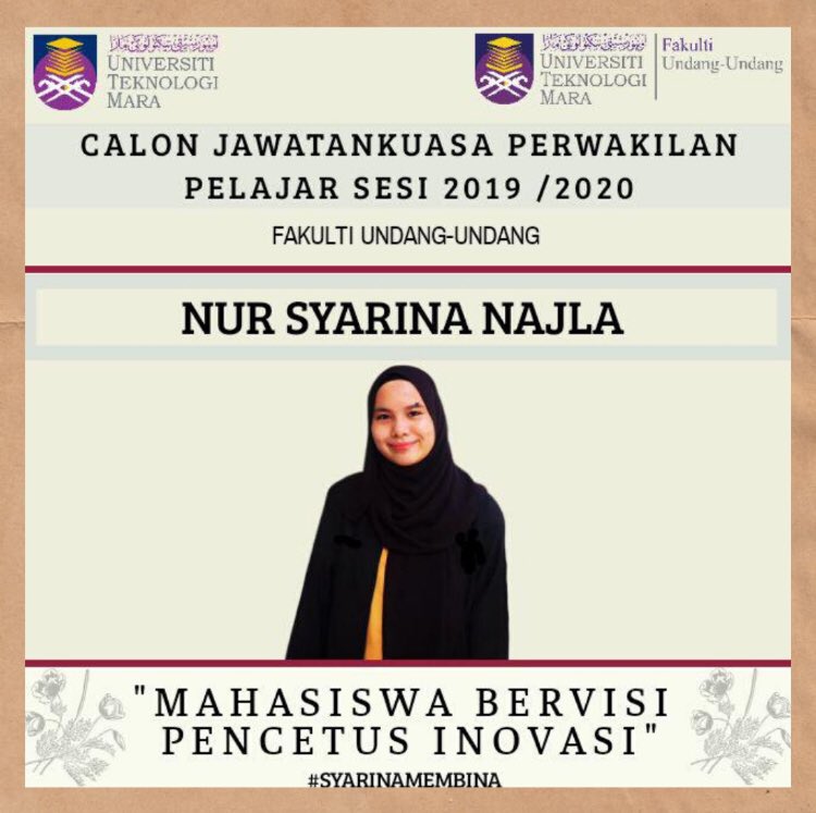 smfuuofficial's tweet photo. CALON JAWATANKUASA PERWAKILAN PELAJAR 2019/2020
Nur Syarina Najla binti Muhamad Azlan
“MAHASISWA BERVISI PENCETUS INOVASI”
#UiTMLaw #SYARINAMEMBINA #PRK19 #SMFUU https://t.co/fI4Z2CHR6l