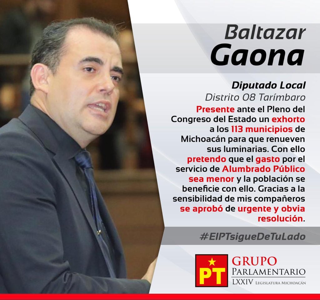 BaltaGaonaJr's tweet photo. Balta Gaona Jr 
Diputado por el Distrito de Tarimbaro en el Congreso de Michoacán PT

Es necesario que los municipios cambien las luminarias del alumbrado público por leds ya que genera ahorro y mejor servicio.

“El único rumbo seguro para la 4T es el PT” https://t.co/o4Jq0zBCun