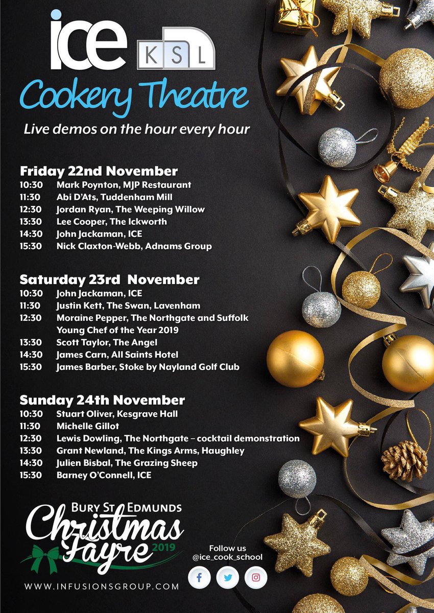 Another busy day in the ICE @kslsudbury  Cookery Theatre at the #BuryStEdmundsChristmasFayre! Great line up kicking off with our very own JJ and followed by @justinkett @_Pepper_Moraine @cheftaylor01 @jamescarn12 and @chefjamesbarber