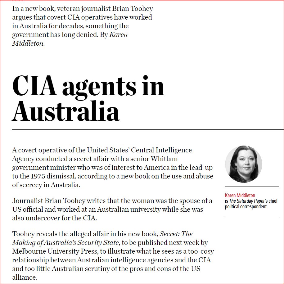 The CIA has been embedded in Australia for decades, which explains all those flights bringing in people like Comey and Clapper."increasing use of secrecy as a weapon".... @Avery1776 . @CarrollQuigley1  https://www.thesaturdaypaper.com.au/news/politics/2019/08/31/cia-agents-australia/15671736008682