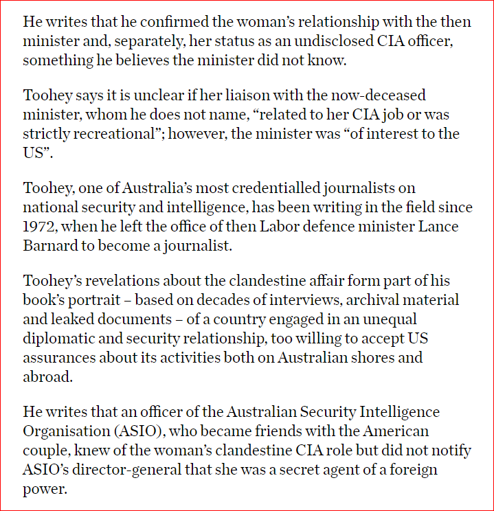 The CIA has been embedded in Australia for decades, which explains all those flights bringing in people like Comey and Clapper."increasing use of secrecy as a weapon".... @Avery1776 . @CarrollQuigley1  https://www.thesaturdaypaper.com.au/news/politics/2019/08/31/cia-agents-australia/15671736008682