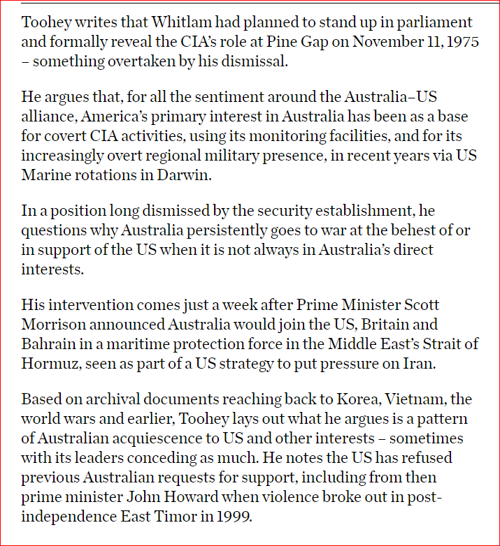 "for all the sentiment around Australia-US alliance, America’s primary interest in Australia has been as a base for covert CIA activities, using its monitoring facilities, & for its increasingly overt regional military presence, in recent years via US Marine rotations in Darwin".