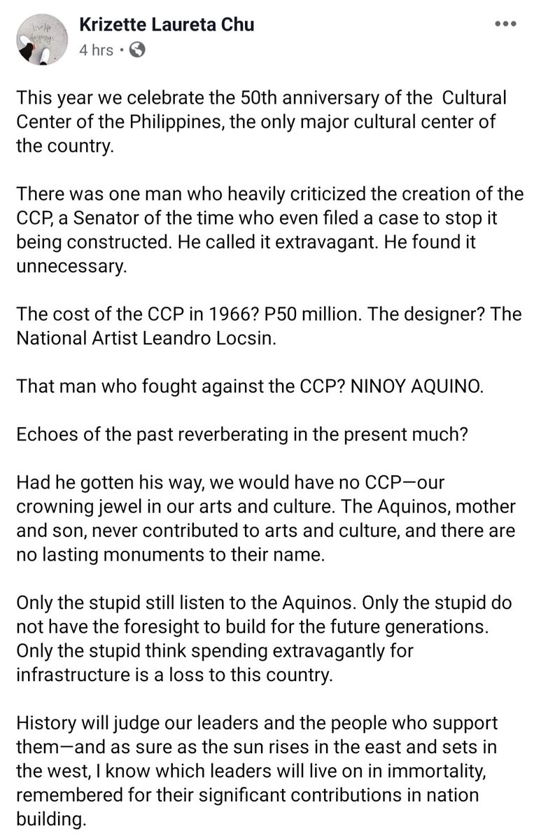 Perspectives by @KrizetteWasHere | 

The CCP @HUNIngCCP will celebrate its 50th anniversary this year. It was designed by National Artist Leandro Locsin.

Who oppossed it? Sen. Ninoy Aquino.

#BlastFromThePast
#HistoryRepeatsItself
#LiberalPartyPlaybook

facebook.com/779864711/post…