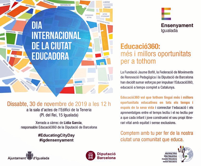 Igualada es suma a l'aliança d'Educació360. Una nova i més àmplia mirada sobre l'educació.
Iniciem el camí amb una interessant xerrada dissabte 30 de novembre.
Tothom hi és convidat.
<a href="/ajigualada/">Ajuntament Igualada</a> <a href="/educadiba/">Educació Diputació</a> <a href="/FundacioBofill/">Fundació Bofill</a> #igdensenyament