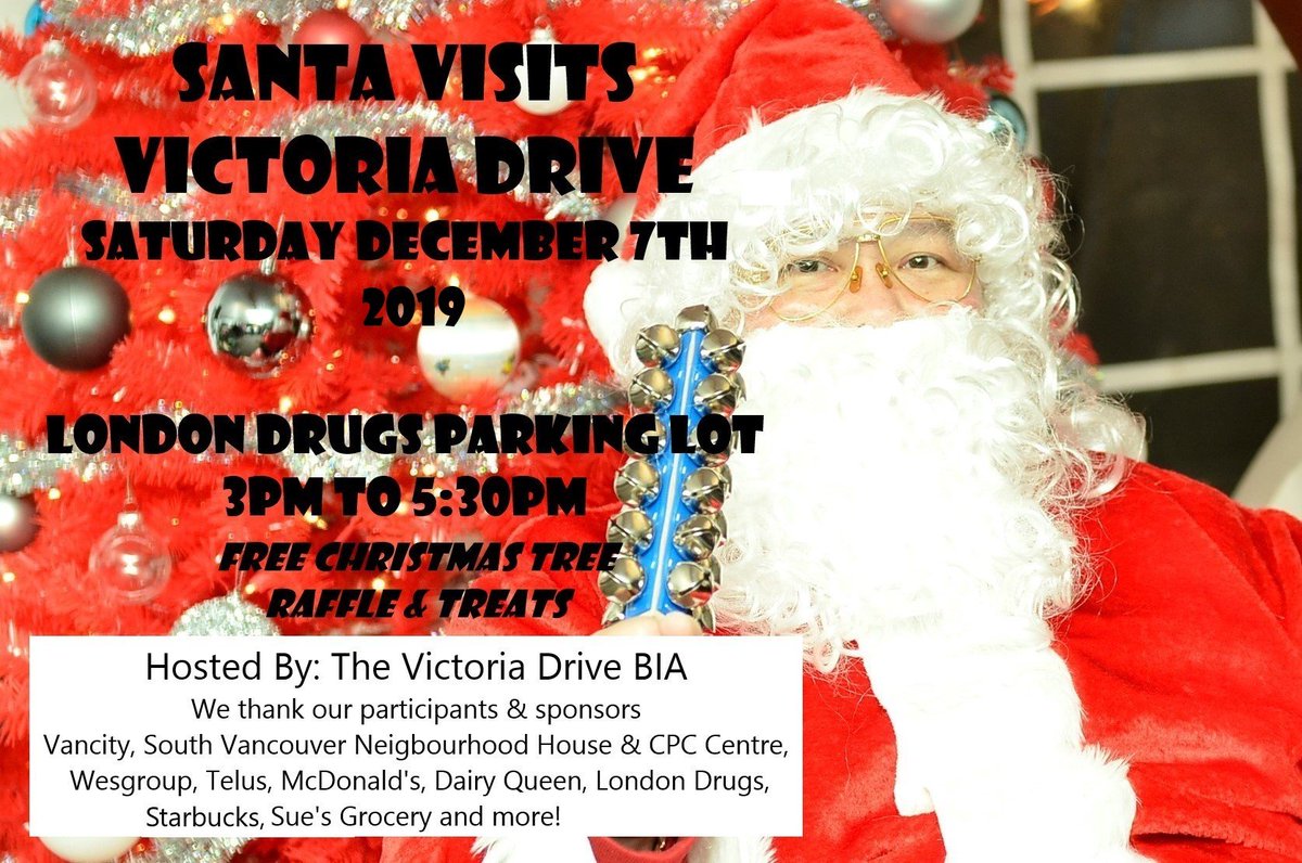 rodraglin's tweet photo. #Santa visits Victoria Drive, Dec. 7, 3-5:30pm. Face painting, letters to Santa, #SVCPC – Detective game who stole the cookies from the cookie jar, #Mosaic – giveaways,
#Christmas tree raffle, Cotton Candy, Starbucks – hot drinks.
#VDBIA https://t.co/HUTwQsFuPN