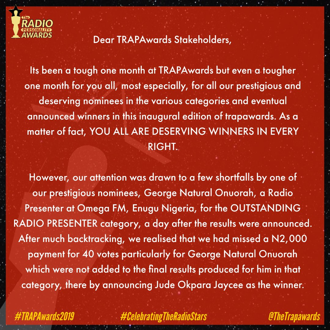 TheTRAPAwards's tweet photo. #TRAPAwards2019 - OFFICIAL PUBLIC ANNOUNCEMENT! (WITHOUT PREJUDICE ).
Thank you. https://t.co/uZ3ZylwXOC