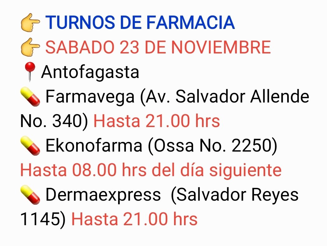 Vive_Antofa's tweet photo. [#UtilidadPública] Farmacias de turno para hoy, sábado 23 de noviembre en #Antofagasta 😁 https://t.co/uKxYr2EHzy