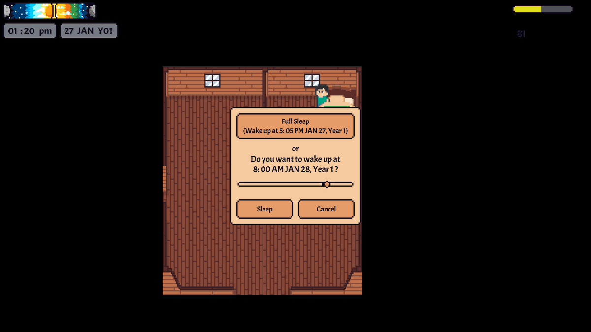 GamesByMarrack's tweet photo. There must be a better way of doing sleep functionality #unity #2d #pyxeledit #indiegames #indiedev #gamedev #gamedevelopment #madewithunity #ProjectBCbyMarrack #screenshotsaturday https://t.co/0BrUaZ9hAm