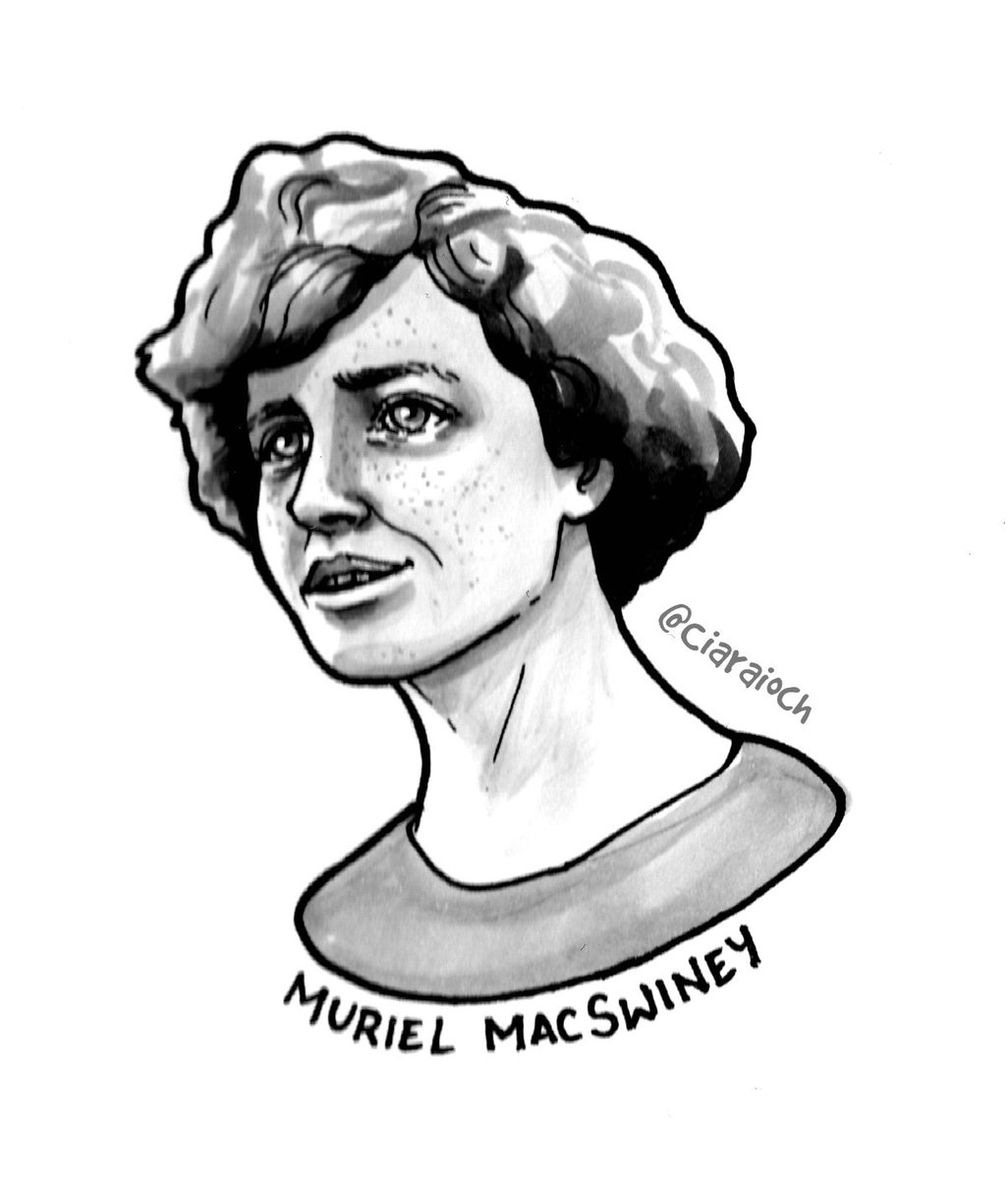  #MiniMná 23 is Muriel MacSwiney. A complicated figure, she shunned her wealthy upbringing for nationalism, broke Annie Smithson out of jail, and spoke in the US after her husband died on hunger strike. (For more, see this  @irishhistory episode:  https://irishhistorypodcast.ie/a-revolutionary-life-muriel-macswiney-part-i/)  #Mnávember