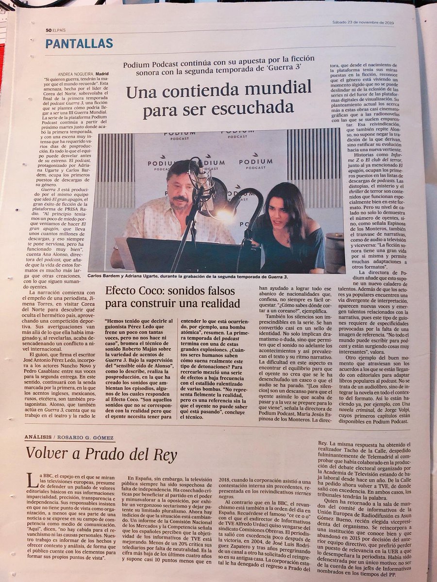 mjesusespinosa's tweet photo. Los compañeros de @el_pais dedican hoy un extenso artículo para hablar del estreno de la T2 de @guerra3 (serie original de @PodiumPodcast), de trasvase de narrativas entre podcast y series de TV y, por supuesto, de cómo suena la III Guerra Mundial 🎧 🔗 https://t.co/ngkThRwQo1 https://t.co/ILMInppvYA