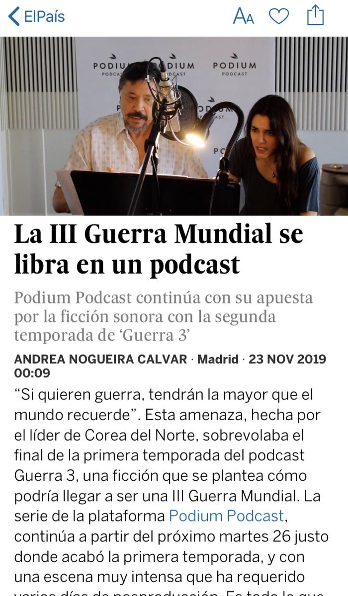 mjesusespinosa's tweet photo. Los compañeros de @el_pais dedican hoy un extenso artículo para hablar del estreno de la T2 de @guerra3 (serie original de @PodiumPodcast), de trasvase de narrativas entre podcast y series de TV y, por supuesto, de cómo suena la III Guerra Mundial 🎧 🔗 https://t.co/ngkThRwQo1 https://t.co/ILMInppvYA