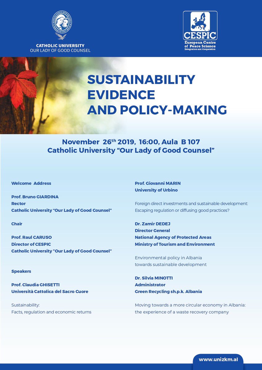 #november26th in #Tirana <a href="/UNIKZKM/">UNIKZKM</a> #cespic meeting titled "Sustainability: Evidence and Policy-Making". Chair: prof. <a href="/raulcaruso/">Raul Caruso</a> Speakers are: Claudia Ghisetti Giovanni Marin, Zamir Dedej and Silvia Minotti. | #sustainablebusiness #sustainability #future #Albania #peaceeconomics |