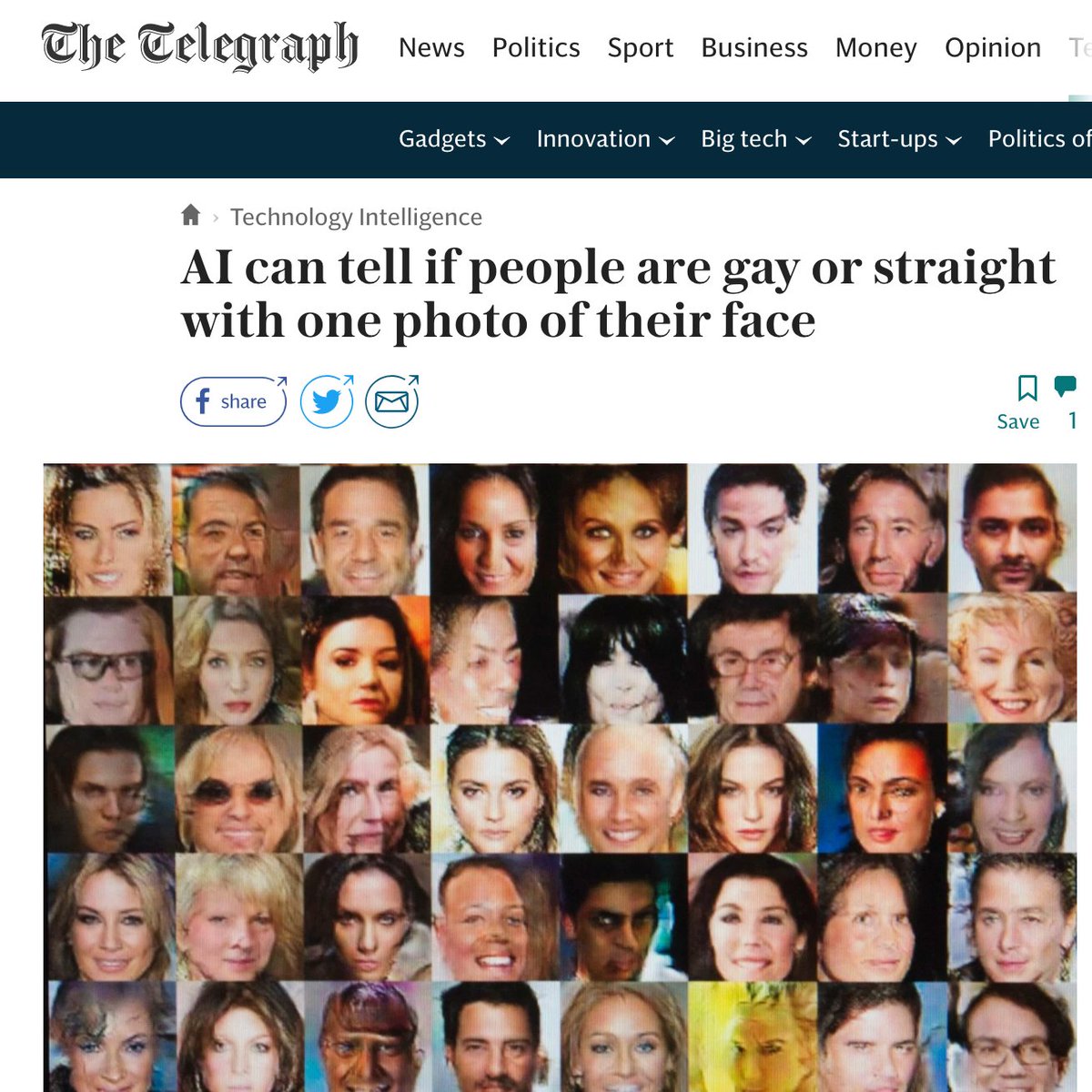 Let's start with a story. Remember this one from last year? An algorithm that can tell if you're gay or straight from a single photo. It's a prospect that is both awesome and terrifying. 2/8 https://www.telegraph.co.uk/technology/2017/09/08/ai-can-tell-people-gay-straight-one-photo-face/