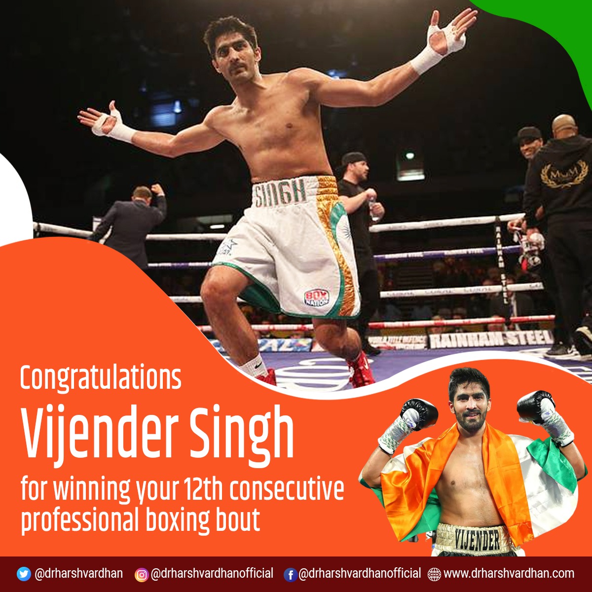 drharshvardhan's tweet photo. I congratulate @boxervijender for clinching his 12th consecutive win. It is an incredible feat to maintain a four-year unbeaten streak in professional boxing. Your achievements have made India proud. 

#VijenderSingh #boxing https://t.co/Dx8Y5HaOyx