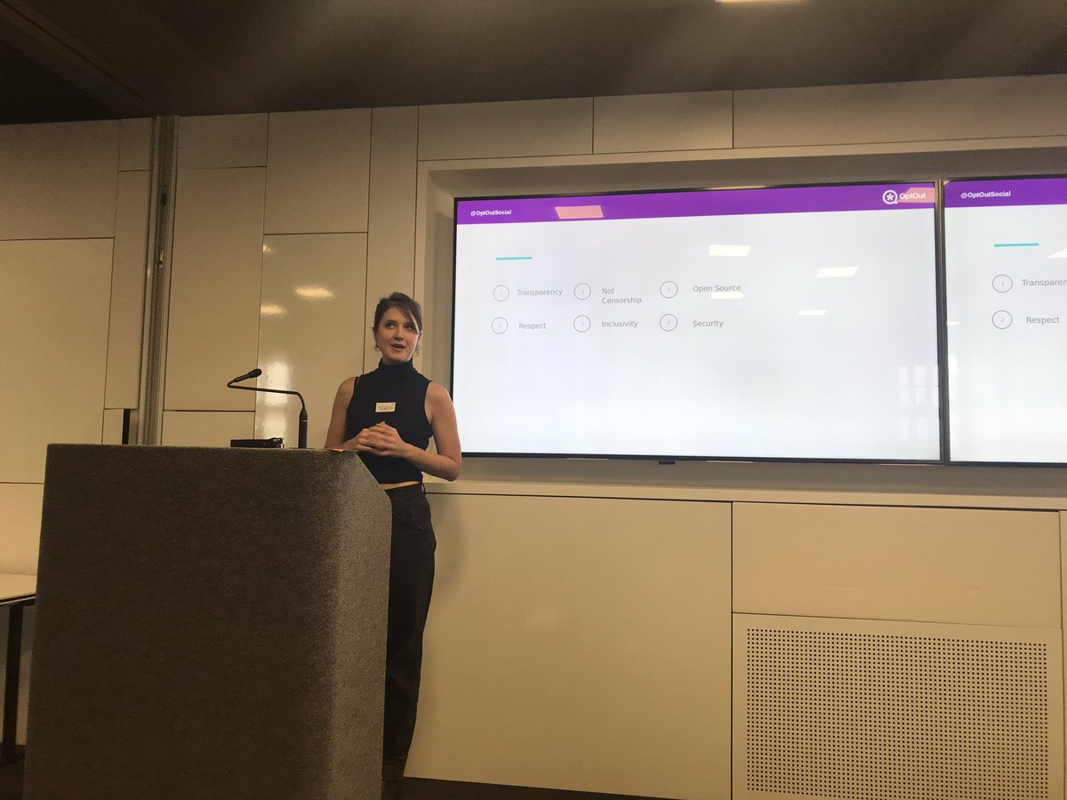 Teresa Ingram speaking on OptOut in her keynote Toward A More Civil Social Web at IndieWebCamp Berlin2, in the Mozilla Berlin offices.