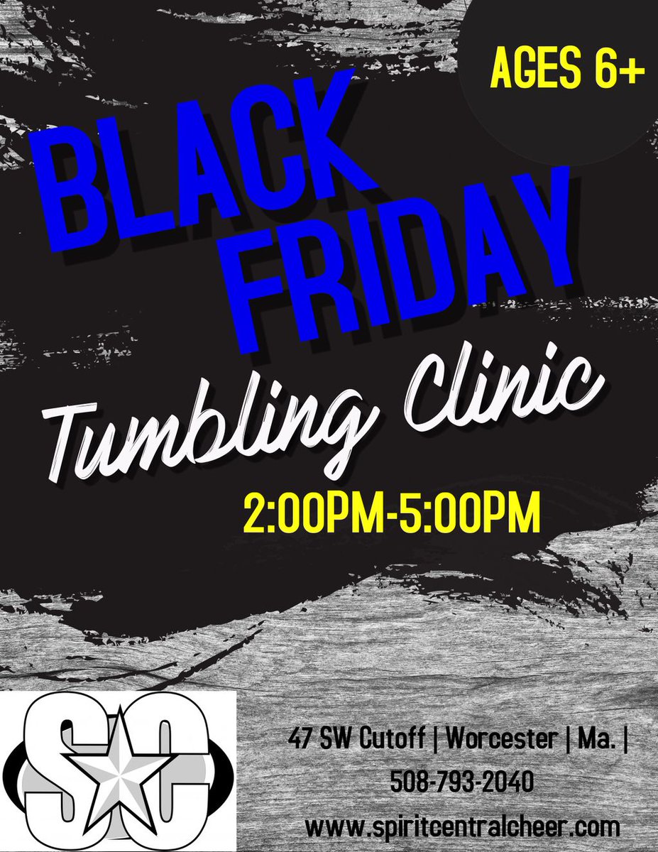 SpiritCentral's tweet photo. Spend your day off from school at our Black Friday tumbling clinic! You won’t want to miss out on the FUN! Call or email today to register. https://t.co/wxBEJ50fXy