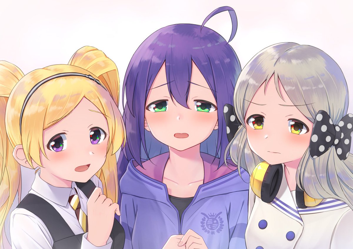 mochizuki anna 3girls multiple girls ahoge purple hair headphones blonde hair headphones around neck  illustration images