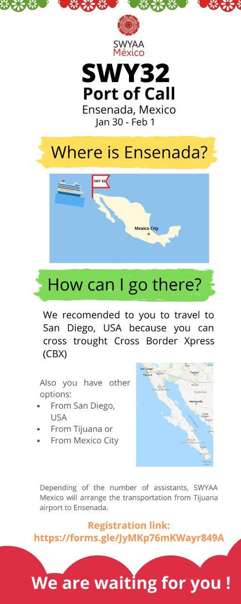 swyreporter's tweet image. Announcement for all Ex-PYs

#NipponMaru will be visiting Ensenada, Baja California for the #SWY32 Port of Call from January 30th to February 1st, 2020. We would like to share this experience with all #SWYFamily

Interested on participate:
forms.gle/JyMKp76mKWayr8… @swymexico