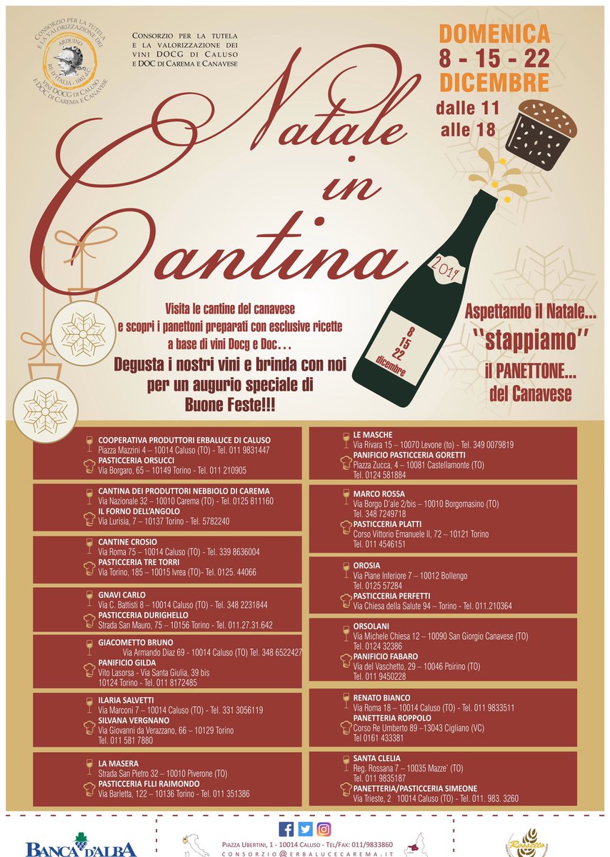 #nataleincantina 🥂🍾🍷
Un connubio tra Vignaioli e Maestri Dell’Arte Bianca, il progetto nasce per valorizzare le nostre DOCG e DOC, ogni prodotto da forno avrà come ingrediente nella ricetta un vino diverso, ovvero il #Panettone personalizzato! Vi aspettiamo in #CANAVESE .