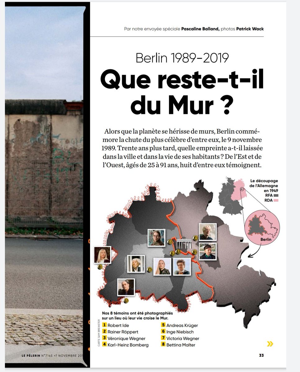 ichgruessesie's tweet photo. In Frankreich fällt noch die Mauer, zumindest im Magazin "Le Pėlerin", das mich 30 Jahre danach nach den Gefühlen in Berlin befragt hat. Die Fotos hat Patrick Wack gemacht
#mauerfall30 #mein89 https://t.co/f0fObndTd4
