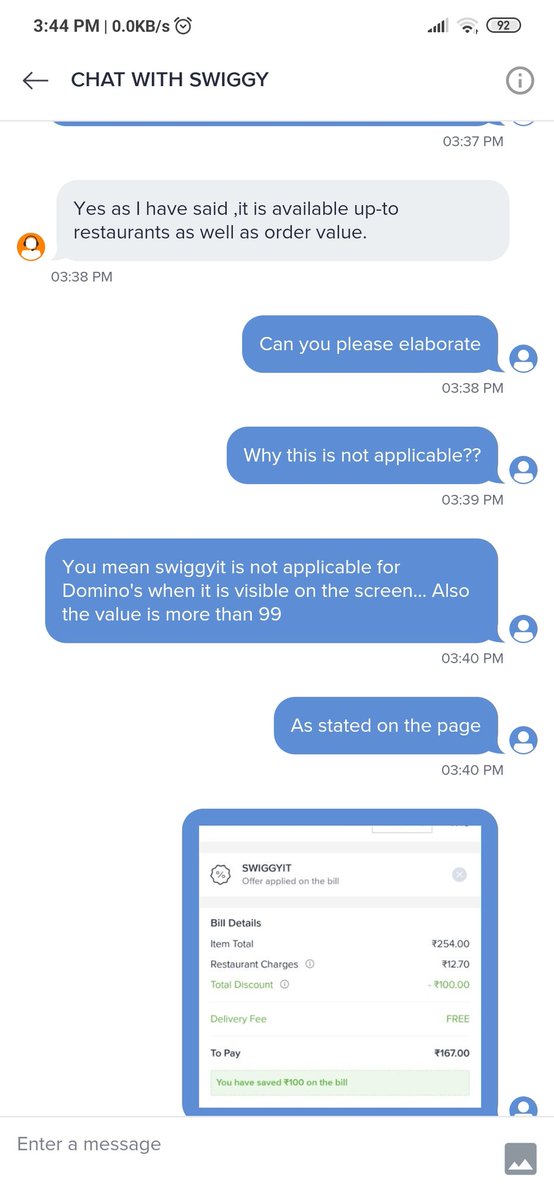 superbhaskar's tweet photo. @swiggy_in i am ordering form Domino's pizza and applied swiggyit. The offer says applicable on order above 99 and sti on the payment page it says cart must be above 299... https://t.co/l2EA6PMaUp