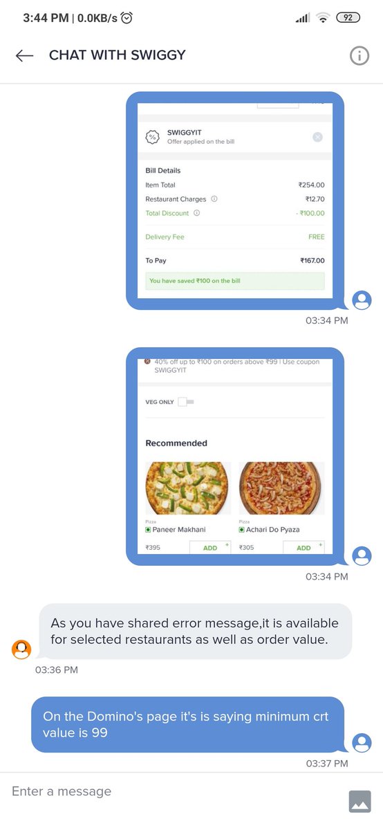 superbhaskar's tweet photo. @swiggy_in i am ordering form Domino's pizza and applied swiggyit. The offer says applicable on order above 99 and sti on the payment page it says cart must be above 299... https://t.co/l2EA6PMaUp