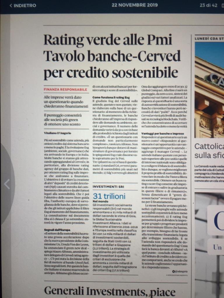 FPomparelli's tweet photo. “Più sei sostenibile come azienda, più ottieni credito dalle banche e meno lo paghi”. E’ la rivoluzione nel rapporto banche - #PMI introdotta dal Rating #ESG che @CervedGroup elabora attraverso questionario e metodologia proprietaria secondo standard internazionali. https://t.co/YbpYJCDRFN