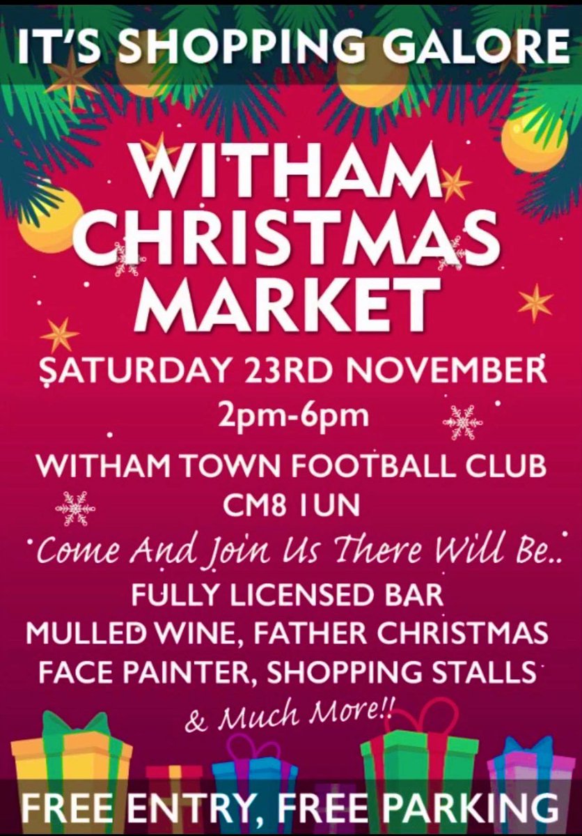 Come and enjoy the #festive fun and enjoy a free sample or two!! #Free Entry and #Free parking <a href="/Withamtownfc/">WithamTownFC</a> #christmasgifts 2-6pm!!