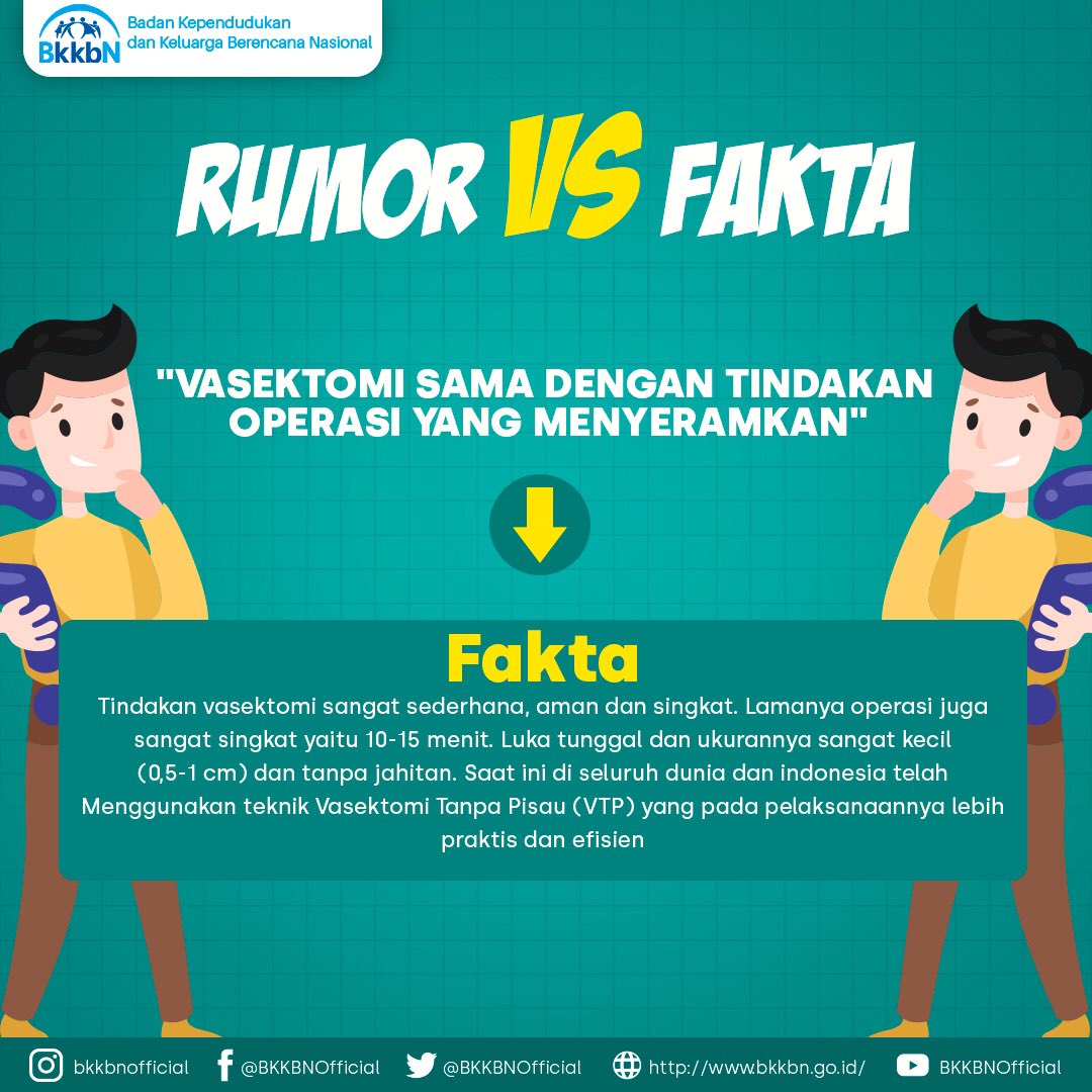 kemendukbangga's tweet photo. #SobatBKKBN ada banyak mitos terkait metode kontrasepsi Vasektomi. Biar gak jadi info yang salah dan menyesatkan, yuk disimak apa aja rumor vs fakta tentang Vasektomi.
.
.
#HariVasektomiSedunia #WVD #BKKBN #KalauTerencanaSemuaLebihMudah #RebrandingBKKBN https://t.co/jMsJok4dpk