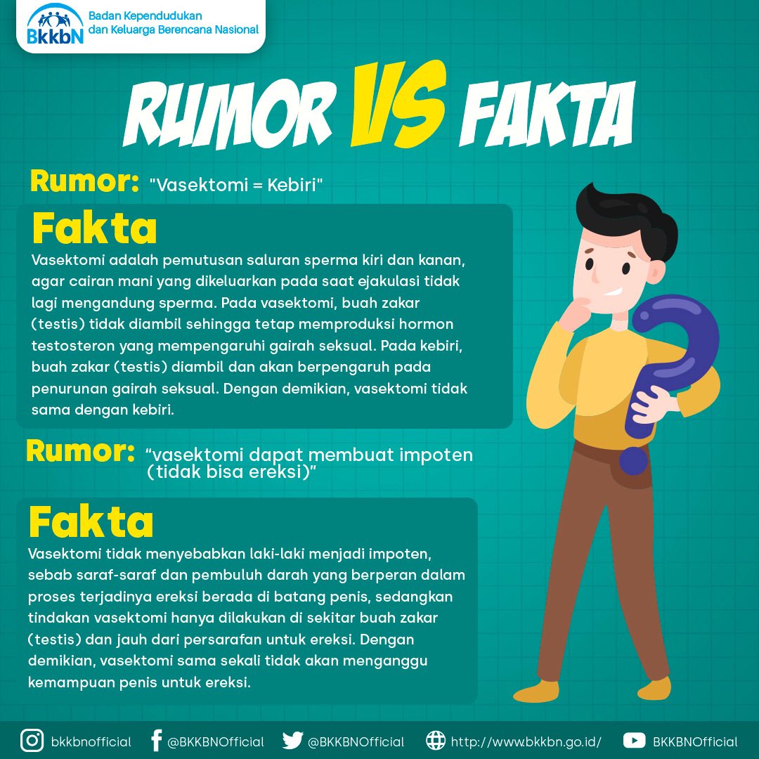 kemendukbangga's tweet photo. #SobatBKKBN ada banyak mitos terkait metode kontrasepsi Vasektomi. Biar gak jadi info yang salah dan menyesatkan, yuk disimak apa aja rumor vs fakta tentang Vasektomi.
.
.
#HariVasektomiSedunia #WVD #BKKBN #KalauTerencanaSemuaLebihMudah #RebrandingBKKBN https://t.co/jMsJok4dpk