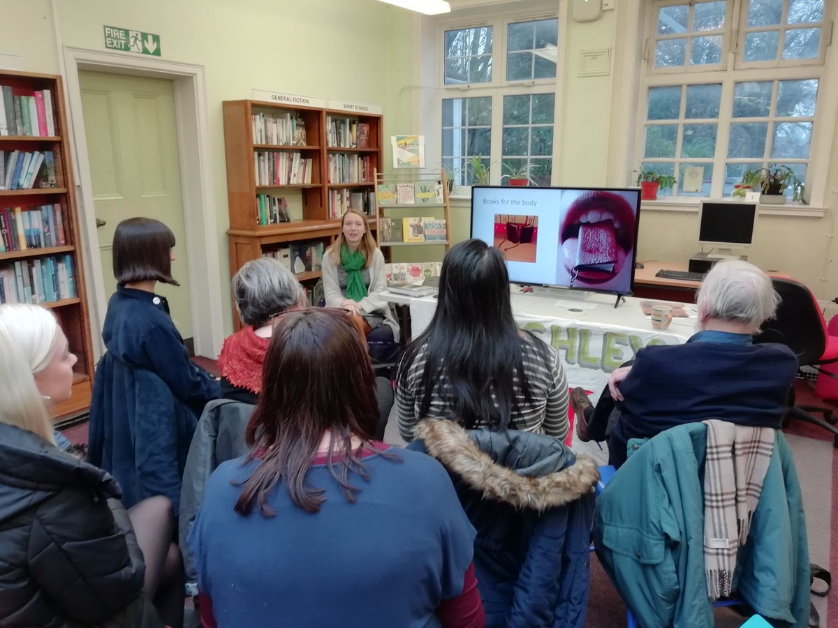 Thank you to <a href="/ChloeSpicerArt/">Chloe Spicer</a> for joining us at Stirchley Library this morning. We are enjoying a talk about her 'bookish' art practice, to be followed by a coptic bookbinding workshop this afternoon. Thought provoking &amp; inspiring! #librarylife #bookarts #bookbinding #Stirchley