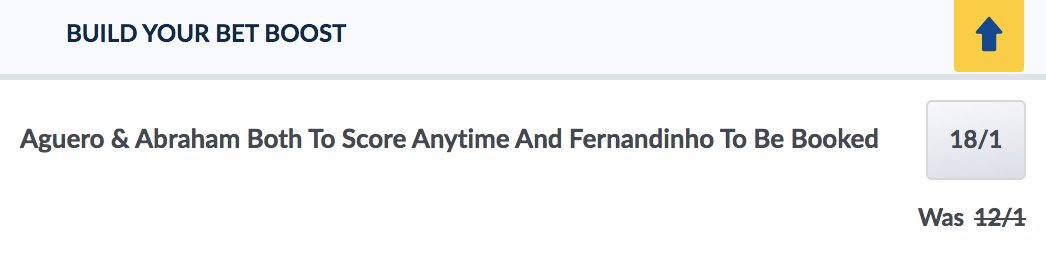 Coral's tweet photo. Man City vs. Chelsea is a huge one this evening and we've got a #BuildYourBet Boost for you:
Aguero & Abraham both to score anytime ✅✅
Fernandinho to be booked ✅
18/1!
Bet: https://t.co/0UyduGrf4S https://t.co/vLMXsRY8vb