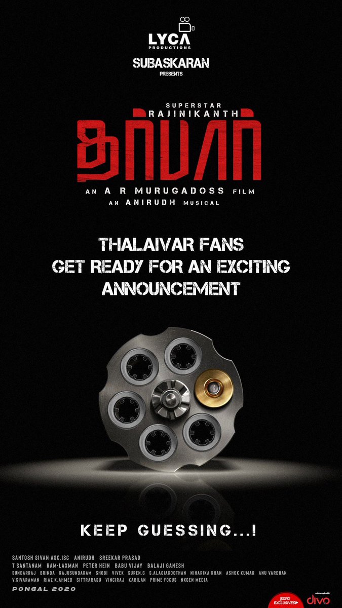 anirudhofficial's tweet photo. Bullet No.1 loaded &amp; ready to fire! 💥 Get ready for the announcement tomorrow 📢  #DarbarPongal #DarbarThiruvizha 
 @ARMurugadoss #Nayanthara @santoshsivan @sreekar_prasad @divomovies @gaana https://t.co/TCitygKzw5