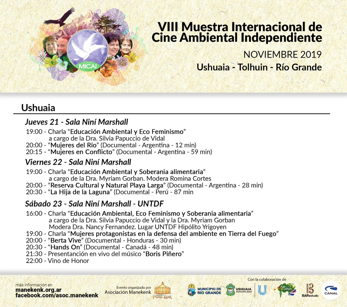 manekenkush's tweet photo. HOY!!! última noche de #MICAI2019 en #Ushuaia! Cine, charlas, música, exposición fotográfica, brindis y algo para comer!
Les esperamos a partir de las 19 h en la sala Niní Marshall
@UshuaiaMuni https://t.co/4OOhWlC2YE