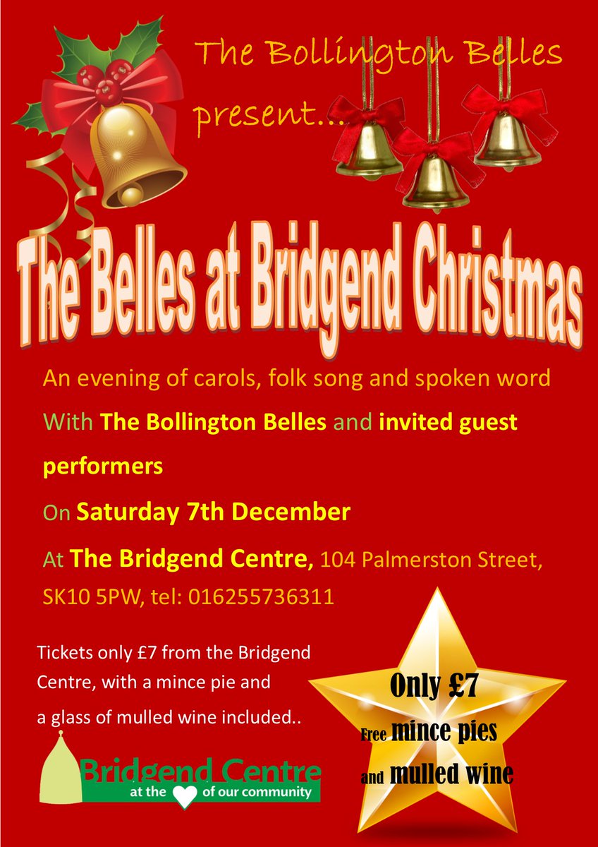 #TheBellesatBridgend 7th December #Bollington. An evening of carols, folk songs and spoken word.

ONLY £7 inc mince pie and mulled wine.

#charity #thingstodo