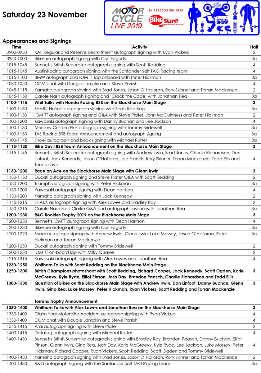 motorcyclelive's tweet photo. It's @OfficialBSB day today and it's a busy one with LOTS going on! Here's what's happening where and when today! @scottredding45 @peterhickman60 @jonathanrea @andrewirwin8 @GIrwinRacing @jm130tt @deanharrisonTT and many, many more are with us today! 

#motorcyclelive #bikeshow https://t.co/ijQ1qE5g4c