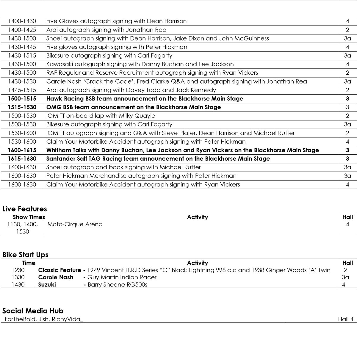 motorcyclelive's tweet photo. It's @OfficialBSB day today and it's a busy one with LOTS going on! Here's what's happening where and when today! @scottredding45 @peterhickman60 @jonathanrea @andrewirwin8 @GIrwinRacing @jm130tt @deanharrisonTT and many, many more are with us today! 

#motorcyclelive #bikeshow https://t.co/ijQ1qE5g4c