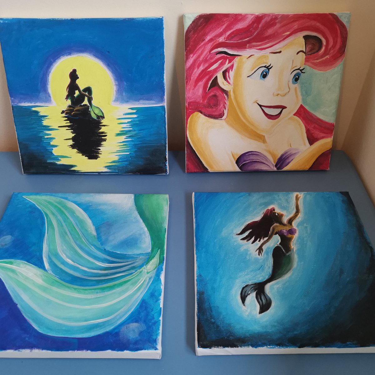 Time to part with the @disneylittlemermaid paintings I made for the nursery when pregnant with littlest rugrat since she's moved in to the boys room and little mermaid "isn't cool anymore" She's 3!! #mumof3 #littlemermaid #canvaspainting #nursery #littlediva #growingup #3yearsold