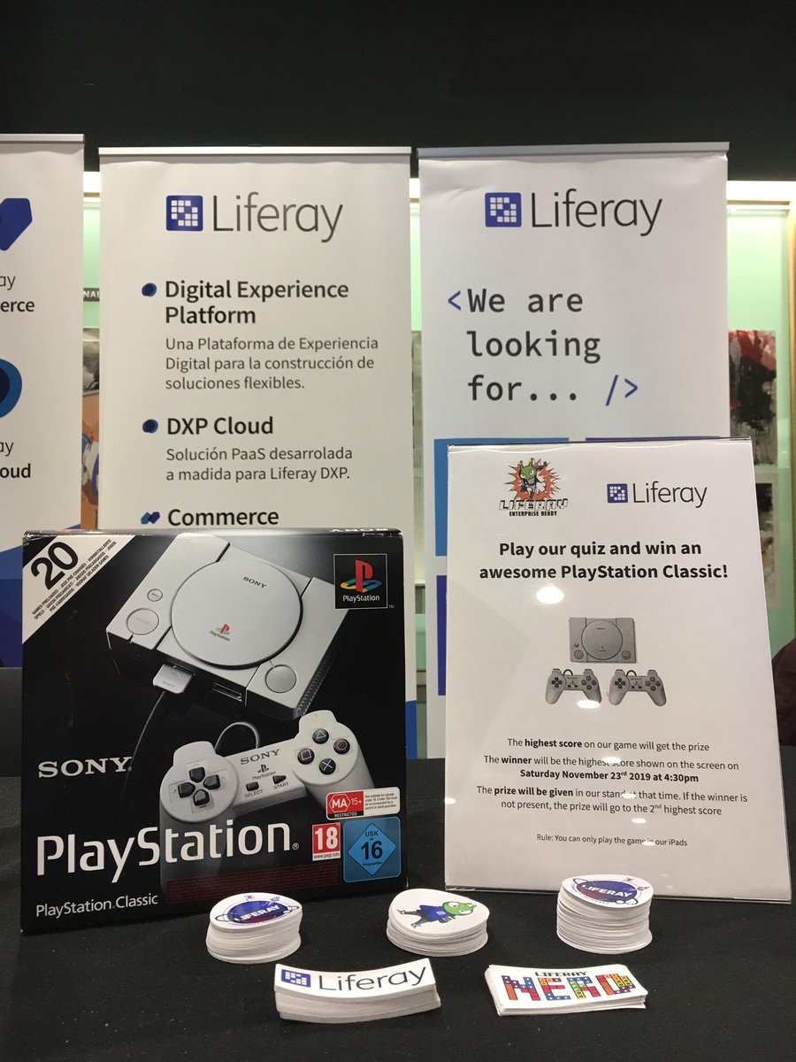 commitconf's tweet photo. Ven a jugar con @Liferay_es! Si demuestras ser el que más sabes sobre programación y #liferay en su quiz, te llevarás una PlayStation Classic! El ganador será anunciado hoy a las 16:30 h en el stand de Liferay #commitconf https://t.co/8x569cnwuq