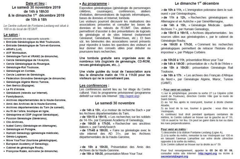 J-8: on s’y retrouve ? #Journées de #Généalogie #Toulouse organisées par l’#EGMT les 30/11 et 1/12 .  
Plus d’infos 🔽  
egmt.fr/site/ #genealogie #histoire #famille #psychogénéalogie #origines #ancêtres #aïeux #générations #transgénérationnel