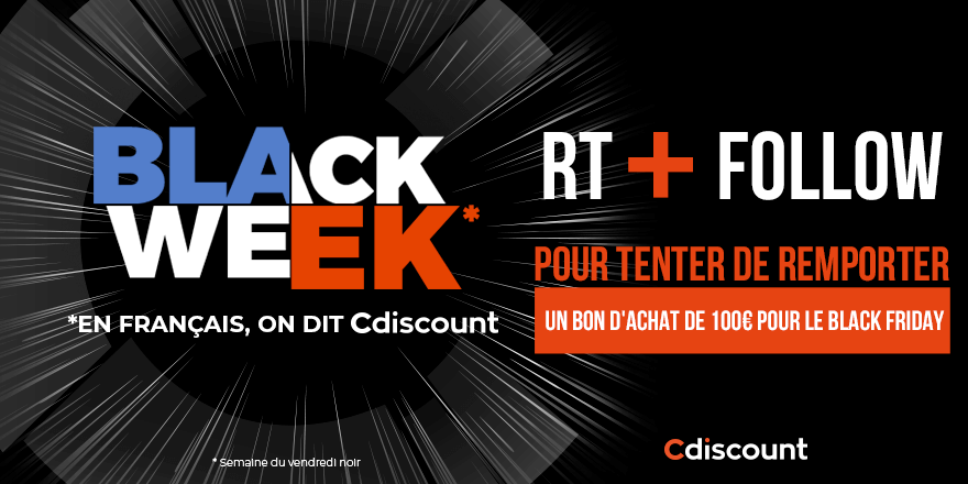 Cdiscount's tweet photo. 🎁 #Concours

Le Black Friday* commence dès le 28/11 à 18H sur Cdiscount ➡ https://t.co/INZBtvSGAp !

⚡️Pour tenter de remporter un bon d'achat de 100€ pour le Black Friday :
🔸 RT ce tweet
🔸 FOLLOW @Cdiscount

⏰ 3 gagnants tirés au sort le 28/11

*EnFrançaisOnDitCdiscount https://t.co/FGdA3YuLd3
