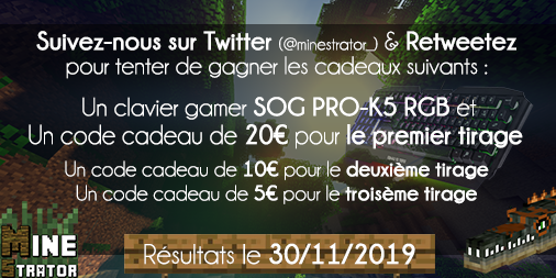 minestrator_'s tweet image. 🔥 Nouveau #concours #serveur #minecraft 🥳

🎁 Tentez de remporter : 🙃:
&amp;gt; 1 Clavier gamer SOG PRO-K5 RGB + 20€ MineStrator
&amp;gt; 10€ MineStrator
&amp;gt; 5€ MineStrator

Pour participer #RT + #Follow 💪

3 gagnants, tirage le 30/11/2019 
Testez gratuitement : minestrator.com/essai/gratuit/…