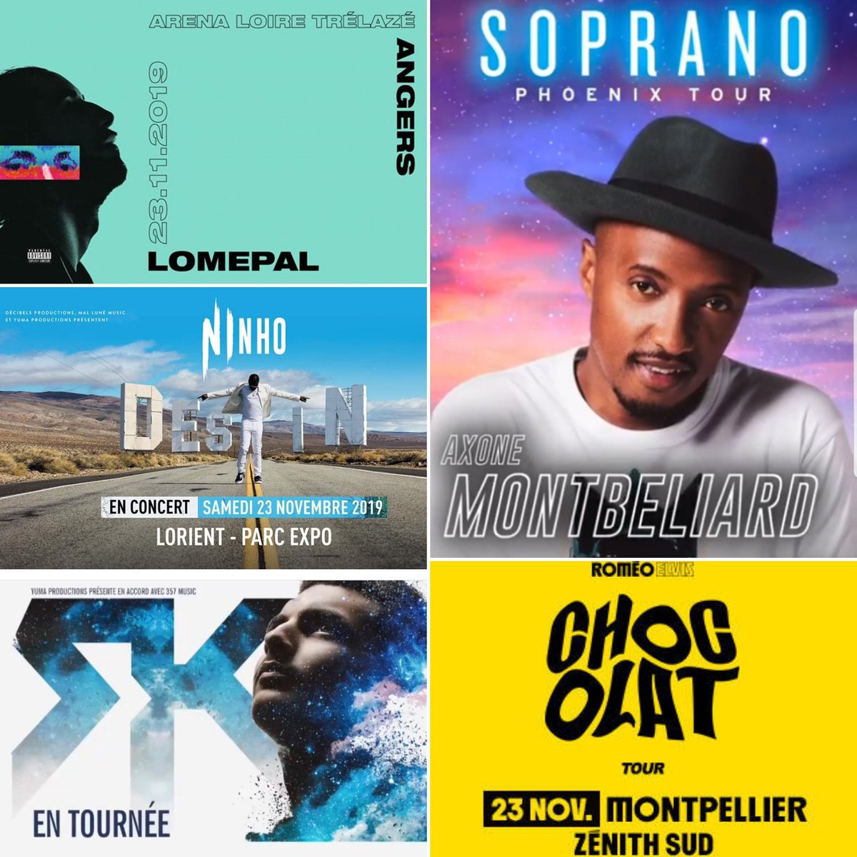 SkyrockFM's tweet photo. * Samedi 23 Novembre *

- @levraiLomepal est à Trélazé #JTour
- @ninhosdt est à Lorient #DestinTour 
- @Sopranopsy4 est à Montbéliard #PhoenixTour 
- @Rk_Officiel77 est à Clermont-Ferrand #RêvesDeGosseTour 
- #RoméoElvis est à Montpellier #ChocolatTour 
#TournéeSkyrock https://t.co/EK8Td7ybFO