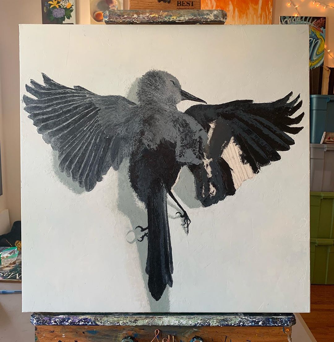 Aaannnddd, over to the other wing...🕊💓
.
See my post at hannahsanfordart.com for the origin story of 'Grey Bird Gets a No', including why she's a bonafide self-portrait! 🖼

#inspiredart #wildlifeart #birdart #ontheeasel #originaloilpaintings #artcollection