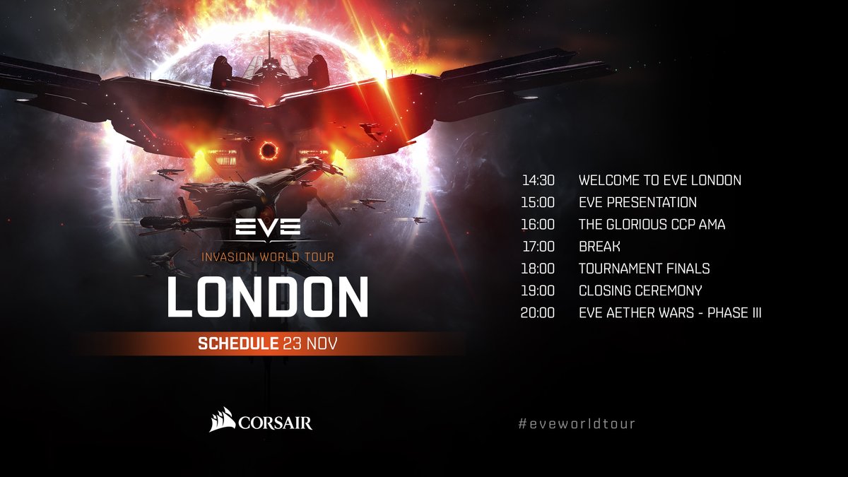 EveOnline's tweet photo. Live from EVE London today
14: 30 - Welcome
15:00 - EVE Presentation
16:00 - CCP AMA
18:00 - Tournament finals
19:00 - Clsoing
20:00 - #aetherwars world record attempt!
*** All times in UTC
✨ Join us - https://t.co/YXxxzI0JUQ
#eveworldtour #evelondon #tweetfleet https://t.co/wiRocDXtpv
